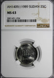 SUDAN AH1409//1989 25 Ghirsh Central bank NGC MS63 TOP GRADED BY NGC KM# 108