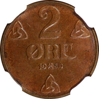 Norway Haakon VII Bronze 1950 2 Ore NGC MS64 BN TOP GRADED BY NGC  KM# 371 (094)