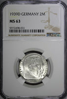 GERMANY-Third Reich Silver 1939 D 2 ReichsMark NGC MS63 Hindenburg KM# 93 (031)
