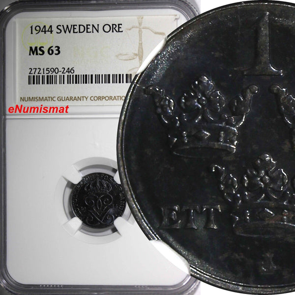 SWEDEN Gustaf V IRON 1944 1 ORE NGC MS63 1 GRADED HIGHER WWII Issue KM# 810 (46)