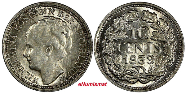 Netherlands Wilhelmina I Silver 1939 10 Cents KM# 163 (20 466)