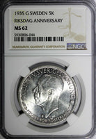 SWEDEN Silver 1935 G 5 Kronor NGC MS62 500th Anniversary of Riksdag KM# 806(044)