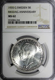 SWEDEN Silver 1935 G 5 Kronor NGC MS62 500th Anniversary of Riksdag KM# 806(044)