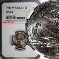 Vatican City Pius XI Silver 1936 5 Lire NGC MS65  RAINBOW TONED  KM# 7 (45)