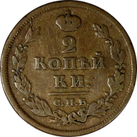 RUSSIA Alexander I Copper 1814СПБ ПС 2 Kopecks RARE Bit-581-R1 C# 118.6