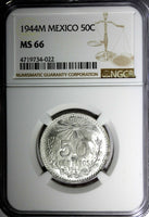 Mexico ESTADOS UNIDOS MEXICANOS Silver 1944 M 50 Centavos NGC MS66 GEM KM# 447