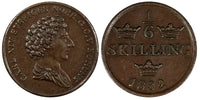 SWEDEN Carl XIV Johan Copper 1832 1/6 Skilling  PLAIN BORDER KM# 634  (20 846)