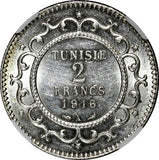 Tunisia Muhammad V Silver AH1334 (1916) A 2 Francs NGC MS62 GEM BU KM# 239 (36)
