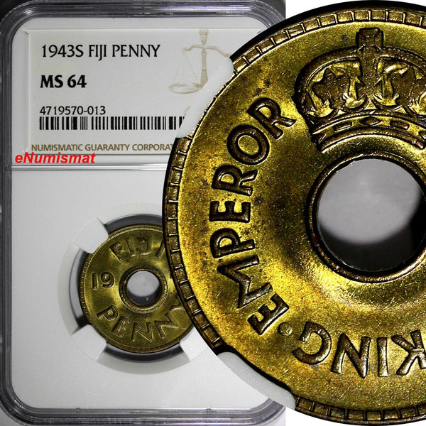 Fiji George VI Brass 1943 S 1 Penny NGC MS64 WWII Emergency Issue KM# 7a (013)