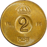 Sweden Gustaf VI Bronze 1956 TS 2 Ore GEM BU Toned KM# 821 (21 957)