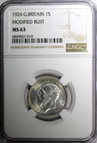 Great Britain George V Silver 1926 1 Shilling NGC MS63 MODIFIED BUST KM# 829 (0)