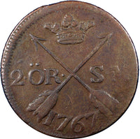Sweden  Adolf Frederick Copper 1767 2 Ore, S.M. Low Mintage-467,000 KM# 461/4826