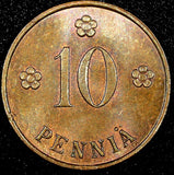 FINLAND Copper 1929 10 Penniä UNC KM# 24 (23 999)