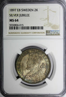 SWEDEN Silver Jubilee Oscar II 1897 EB 2 Kronor NGC MS64 KM# 762 (015)