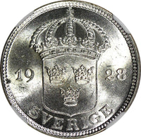 SWEDEN Gustaf V Silver 1928 G 50 Ore NGC MS64 GEM BU COIN KM# 788 (43)