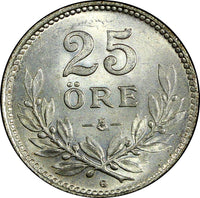 Sweden Gustaf V Silver 1937 G  25 Öre  Small "G" GEM BU KM# 785 (22 047)