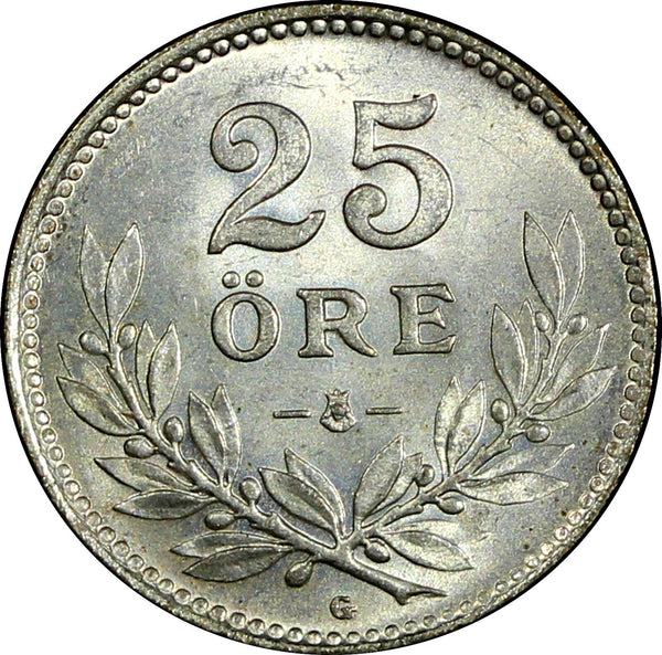 Sweden Gustaf V Silver 1937 G  25 Öre  Small "G" GEM BU KM# 785 (22 047)