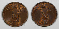 FINLAND Nicholas II LOT OF 2 COINS Copper 1912 1 Penni  UNC KM#13 (20 879)