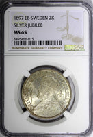 SWEDEN Silver Jubilee Oscar II 1897 EB 2 Kronor NGC MS65 NICE TONED KM# 762 (15)