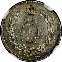 SWEDEN Carl XV Silver 1871/61 25 ORE OVERDATE NGC MS62 1 GRADED HIGHER KM712 (8)