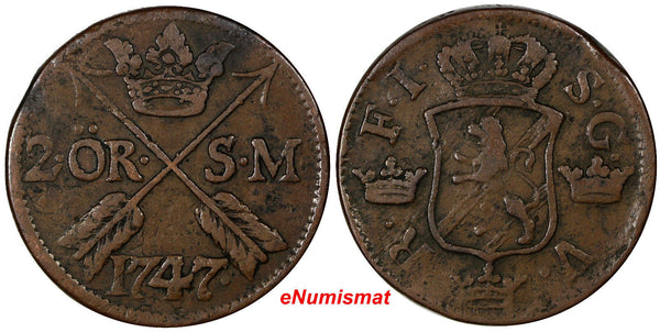 Sweden Fredrik I Copper 1747 2 Ore, S.M.Silvermynt Mintage-461,000 KM# 437 (315)