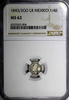 MEXICO Silver 1843/2 GO LR 1/4 Real NGC MS62 OVERDATE TOP GRADED  KM# 368.5 (04)