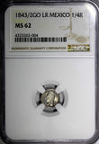 MEXICO Silver 1843/2 GO LR 1/4 Real NGC MS62 OVERDATE TOP GRADED  KM# 368.5 (04)