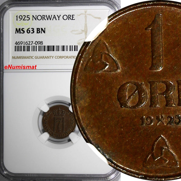 Norway Haakon VII Bronze 1925 1 Ore NGC MS63 BN  BETTER DATE KM# 367 (098)