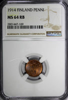 FINLAND Nicholas II Copper 1914 1 Penni NGC MS64 RB KM# 13