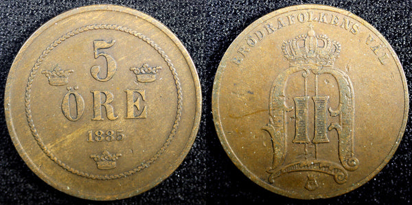 SWEDEN Oscar II (1872-1907) Bronze 1885 5 ORE SCARCE KM# 736 (22 962)