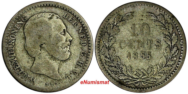 Netherlands William III Silver 1855 Sword  Better Date 10 Cents  RARE KM# 80 (4)