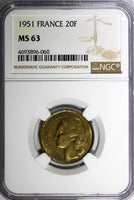 France Aluminum-Bronze 1951 20 Francs NGC MS63 KM# 917.1 (060)