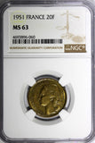 France Aluminum-Bronze 1951 20 Francs NGC MS63 KM# 917.1 (060)