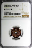 Finland Copper 1941 10 Pennia NGC MS65 RB TOP GRADED BY NGC WWII KM# 33.1