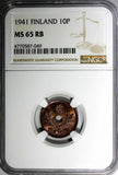 Finland Copper 1941 10 Pennia NGC MS65 RB TOP GRADED BY NGC WWII KM# 33.1
