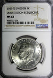 SWEDEN Silver 1959 TS 5 Kronor NGC MS63 Constitution Sesquicentennial KM# 830