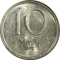 Sweden Gustaf V (1907-1950) Silver 1943 G 10 Öre UNC KM# 813 (22 066)