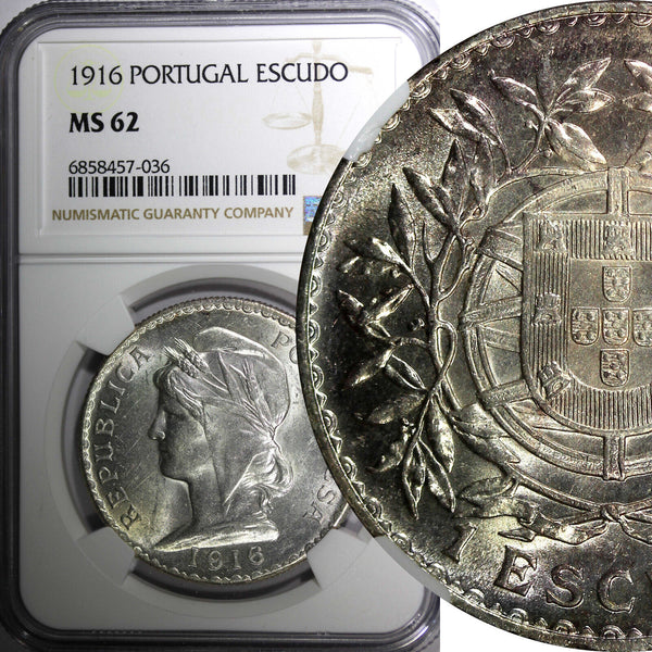 PORTUGAL Silver 1916 1 Escudo 37mm NGC MS62 Lisbon Mint KM# 564 (036)