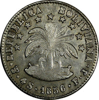 Bolivia Simon Bolivar Silver 1856 PTS FJ 4 Soles XF KM# 123.2 (17 375)