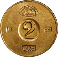 Sweden Gustaf VI Bronze 1959 TS 2 Ore GEM BU Toned KM# 821 (21 956)