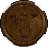 Sweden Oscar II Bronze 1898 2 Ore NGC MS64 BN 1 GRADED HIGHEST KM# 746 (040)