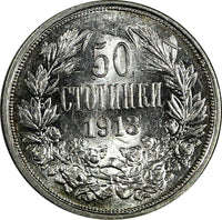 Bulgaria Silver 1913 50 Stotinki aUNC Condition KM# 30 (18 573)