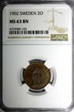 Sweden Oscar II Bronze 1902 2 Ore NGC MS63 BN KM# 746