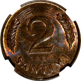 LATVIA Bronze 1939 2 Santimi NGC MS64 BN 1 YEAR TYPE Mint Luster KM# 11.2