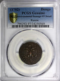 RUSSIA PETER I Copper 1702 Denga PCGS VF Details SCARCE  KM#111 (569)