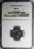 Bolivia  Zinc 1942 20 Centavos NGC MS61 One Year Type Luster WWII KM# 183 (092)