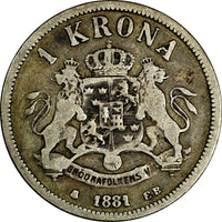 Sweden Oscar II Silver 1881 EB 1 Krona Mintage-619,000 BETTER DATE KM# 747 (652)