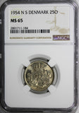 DENMARK Frederik IX 1954 N S  25 Ore NGC MS65 LIGHT TONING 23mm KM# 842.1