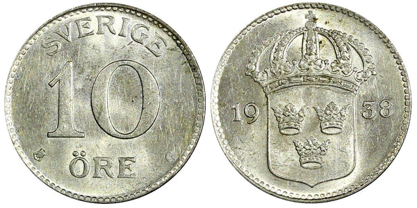 SWEDEN Gustaf V Silver 1938 G 10 Öre UNC KM# 780 (22 134)