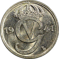 Sweden Gustaf V Nickel-Bronze 1941 G 25 Öre GEM BU  KM# 798 (22 035)